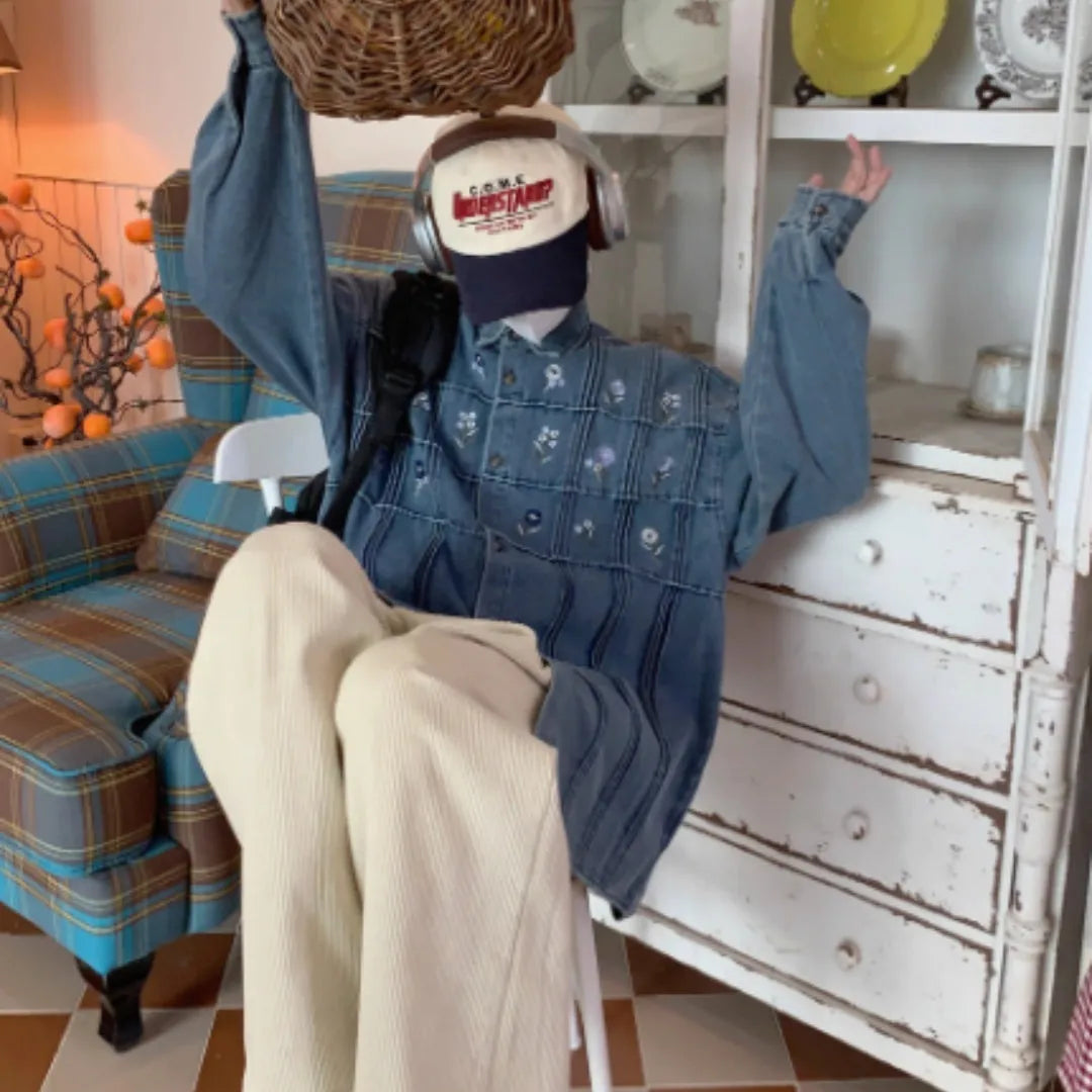 Vintage washed blue denim long sleeve shirt with small floral pleated design