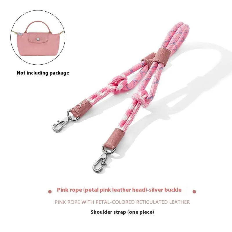 Braided nylon and cowhide leather crossbody strap with alloy buckle in gold or silver finish