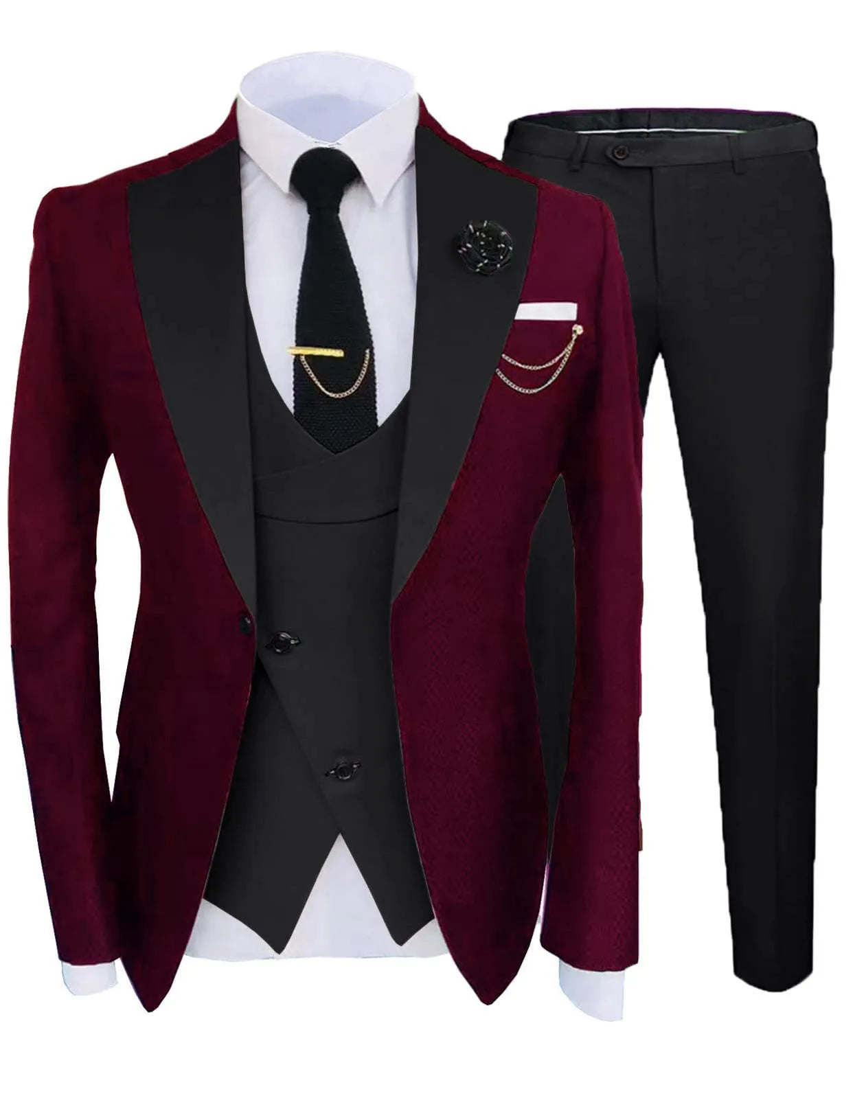 Men's slim fit cotton three-piece wedding suit in dark navy with coat, pants, and vest