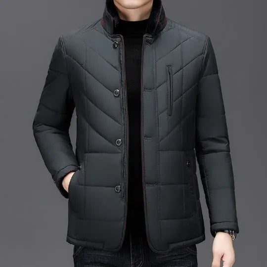 Men's short winter padded coat in dark blue with side seam pockets.