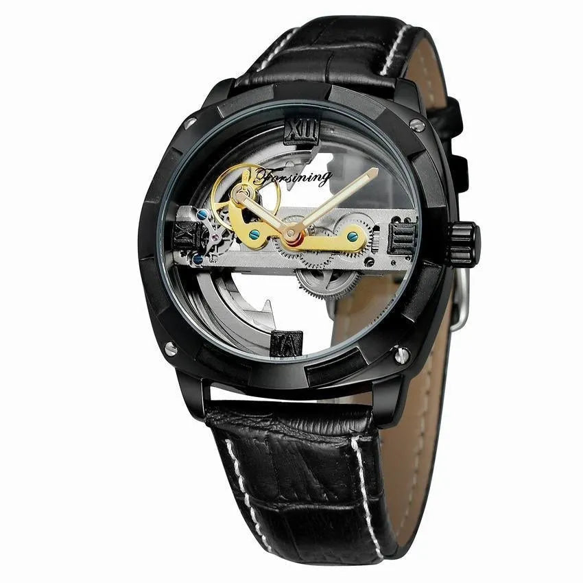 Men's automatic tourbillon watch with black belt and gold case on a light background