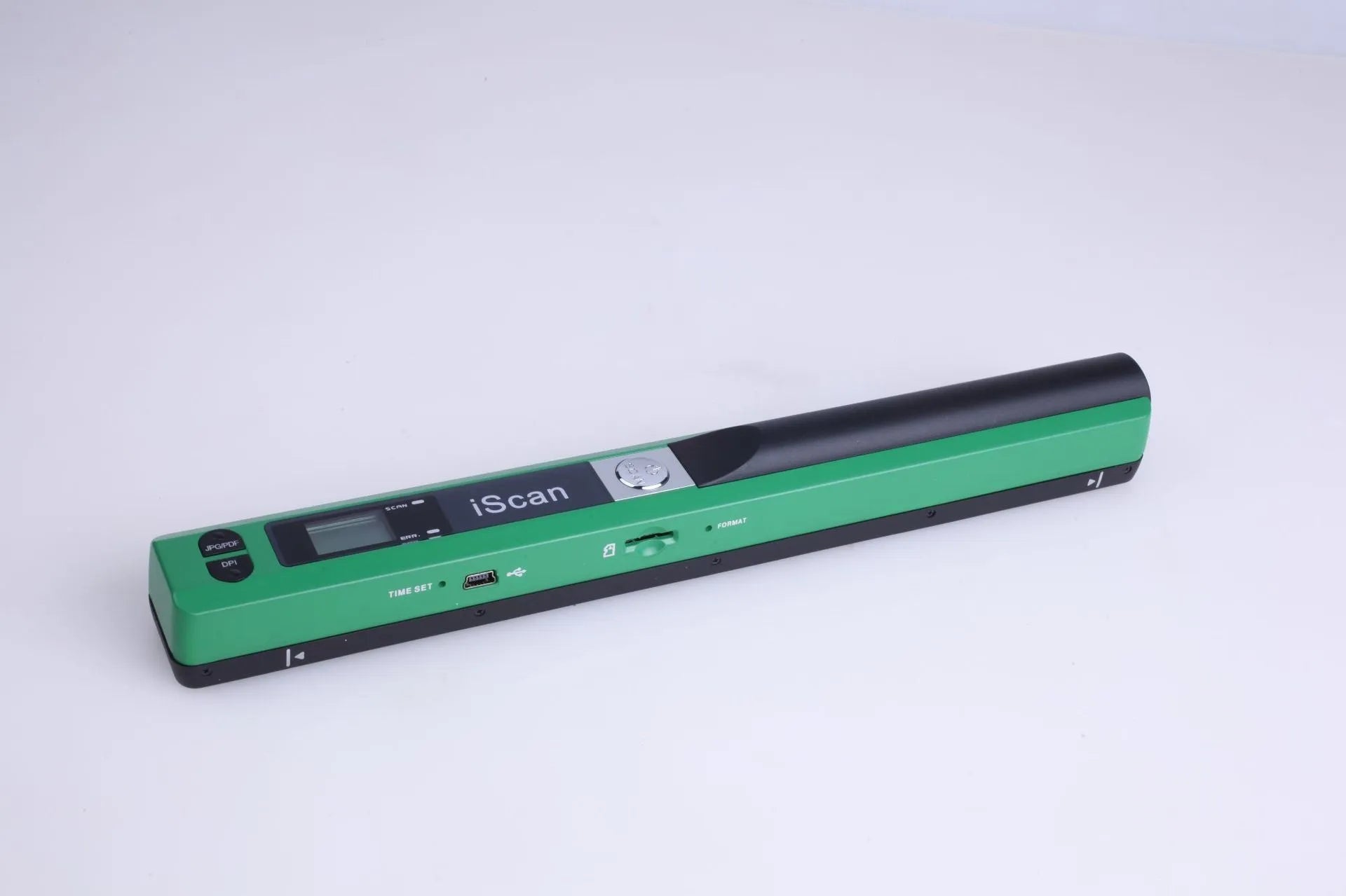 A handheld plastic barcode scanner shown in five colour options: black, blue, green, red, and silver.