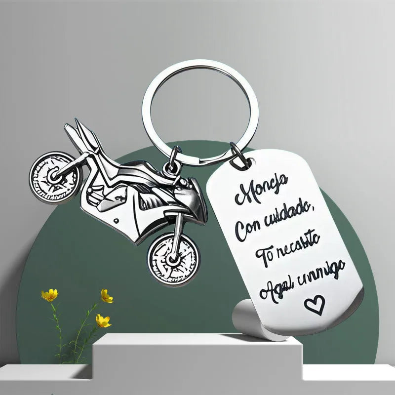 Stainless steel motorcycle inspiration keychain with flannel storage pouch