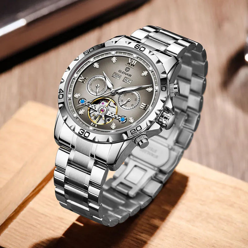 Men's automatic mechanical business watch with stainless steel strap and mineral glass face in multiple colour options
