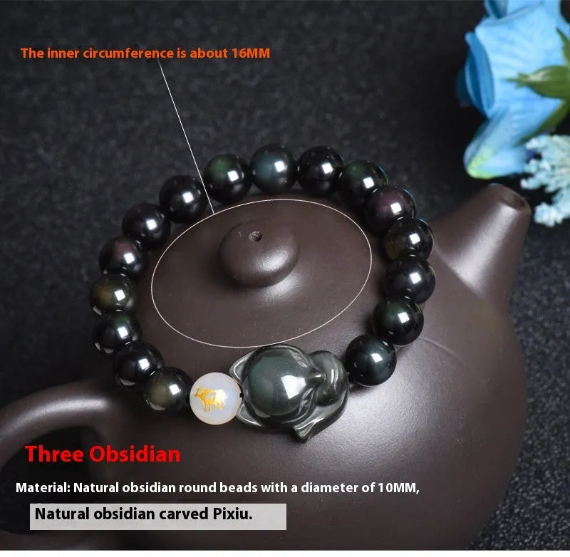 Natural obsidian zodiac bracelet in 10mm beads with national style design.