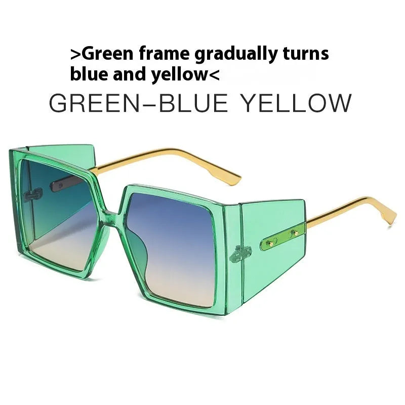 Large square frame sunglasses showing seven colour options: black, blue, champagne, hawksbill, green, orange, and white