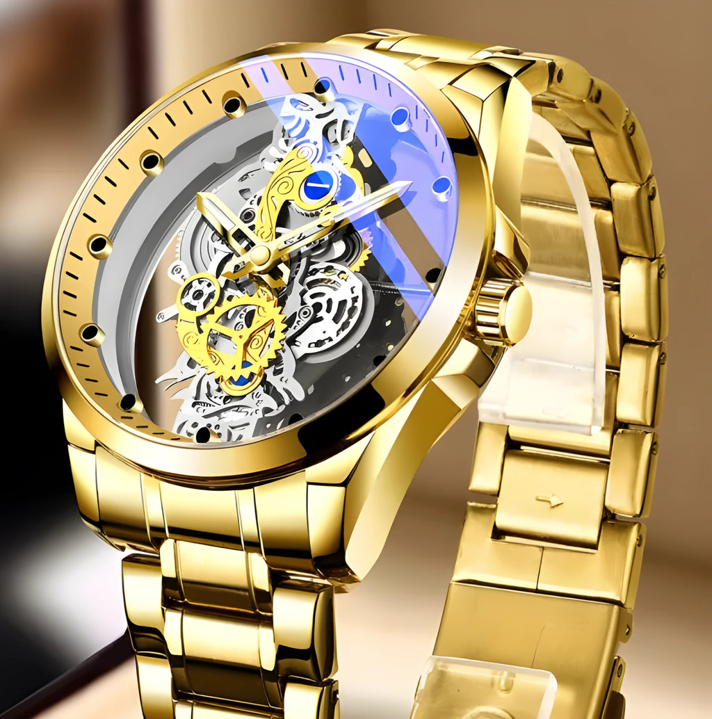 Men's skeleton quartz watch full gold steel with luminous dial and stainless steel strap