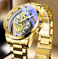 Men's skeleton quartz watch full gold steel with luminous dial and stainless steel strap