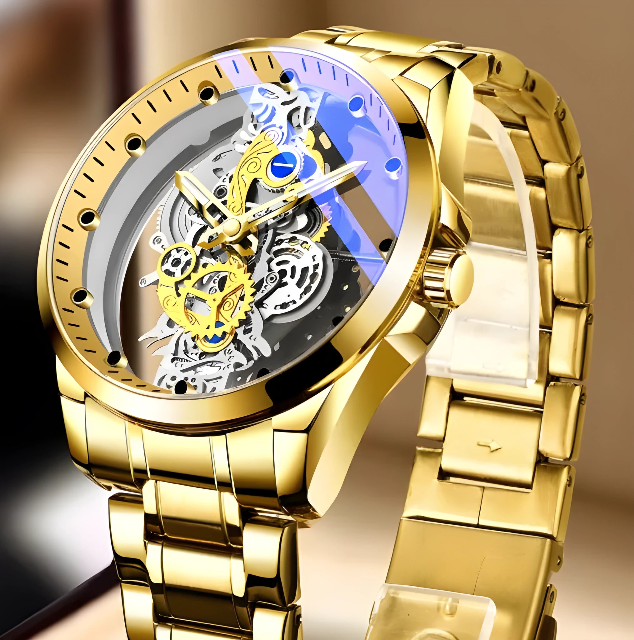 Men's skeleton quartz watch full gold steel with luminous dial and stainless steel strap