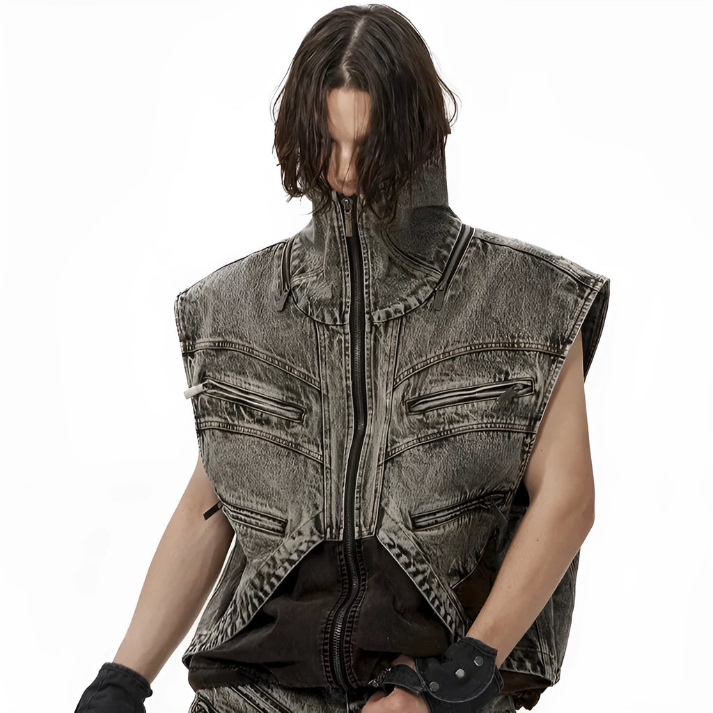 Men's splicing denim sleeveless vest with front zipper in summer casual style