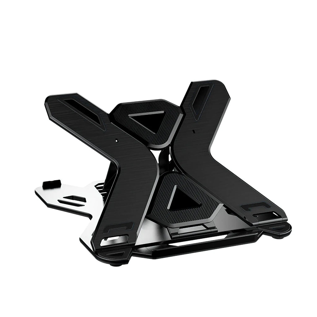 Black ABS plastic laptop bracket with adjustable tilt angle on wooden desk
