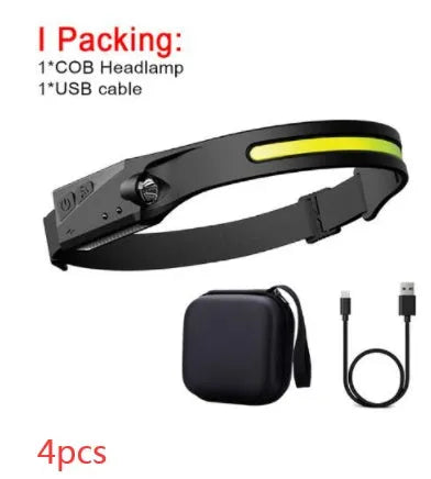 COB LED induction headlamp with wide beam and side LED for long-distance lighting, USB rechargeable, silicone build
