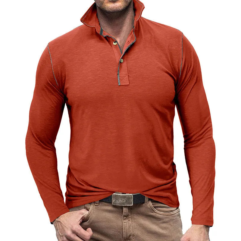 Men's Henley shirt in slub cotton blend with buttoned lapel collar, long sleeves, in army green colour