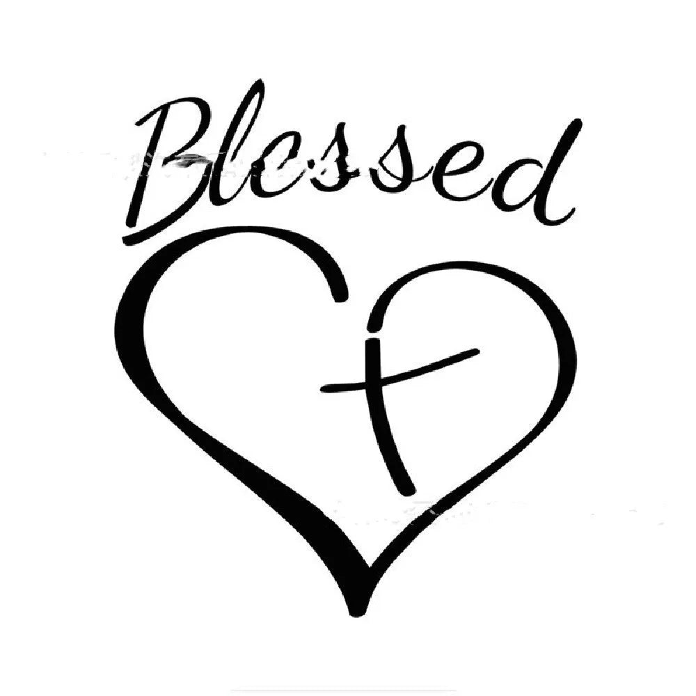 Faith Hope Love lettering inside a heart shape on a black, white, and red sticker measuring 14 by 11.5 cm