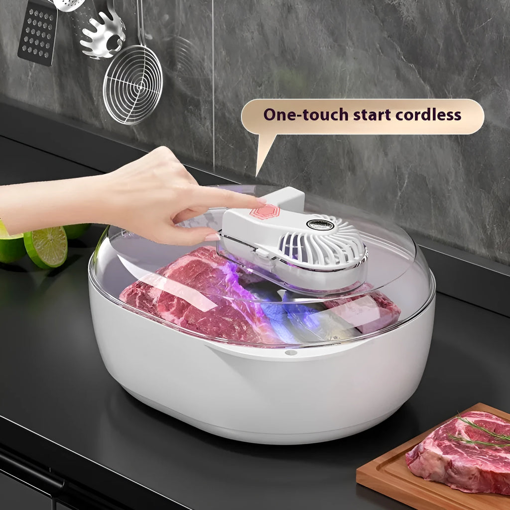 Aluminium household quick defrosting plate on a kitchen countertop