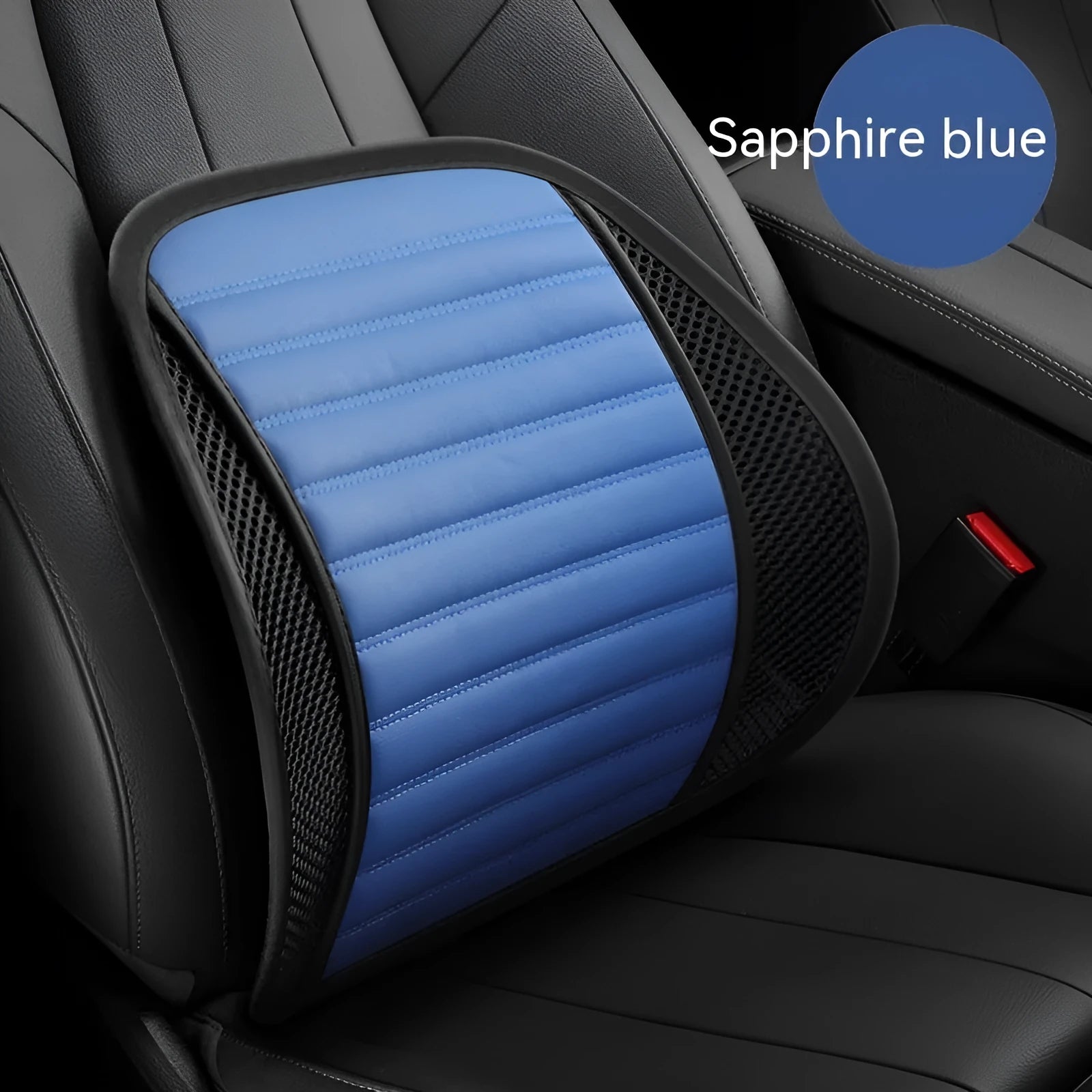Leather lumbar support cushion for car seats showing colour options including sapphire blue, amber brown and mysterious black