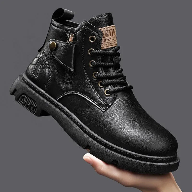 Retro British style men's Martin boots in black leather with front lace-up and mid heel