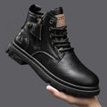 Retro British style men's Martin boots in black leather with front lace-up and mid heel