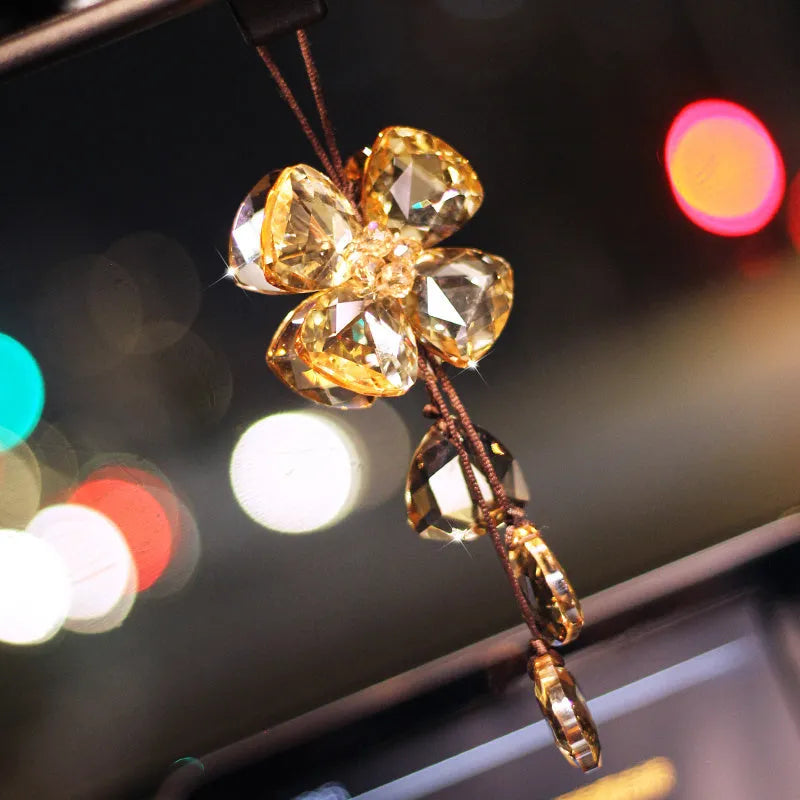 Crystal four leaf clover car pendant decoration approximately 20cm in transparent, champagne, black or shiny finish