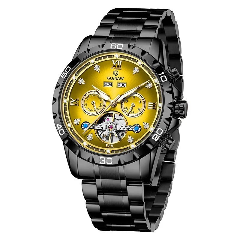 Men's automatic mechanical business watch with stainless steel strap and mineral glass face in multiple colour options