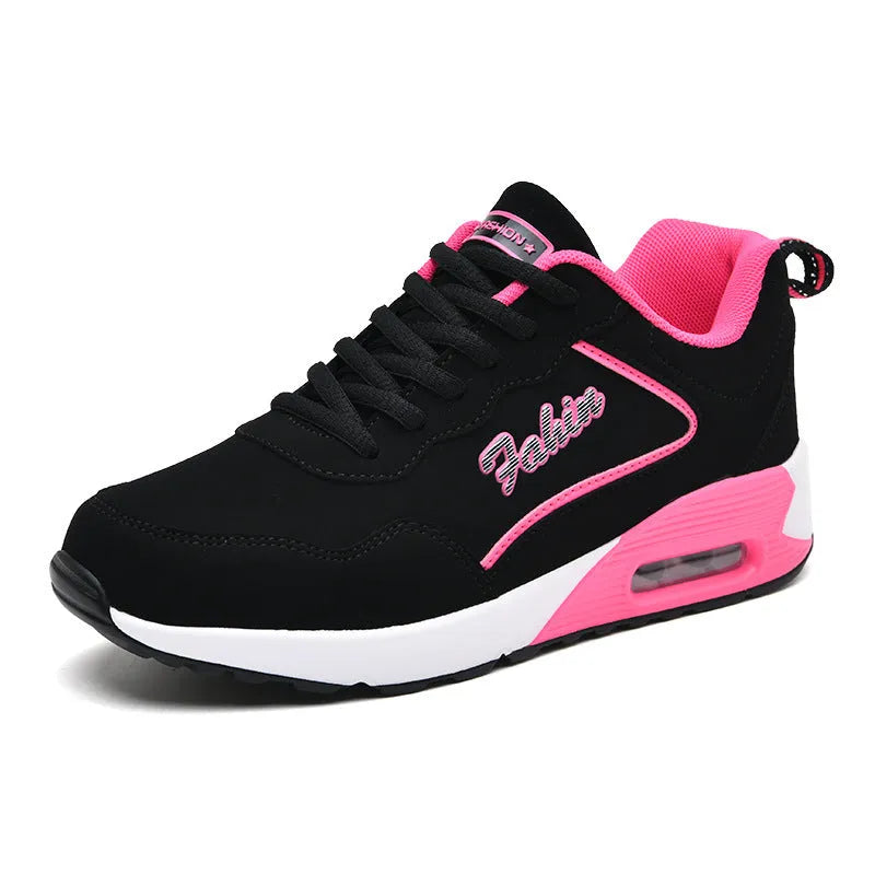 Women's spring leather plus size air cushion sports shoes in Wo 1909 black and white, low top lace up style