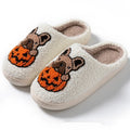 Halloween pumpkin pattern plush slippers with non-slip TPR rubber soles in black and white colours