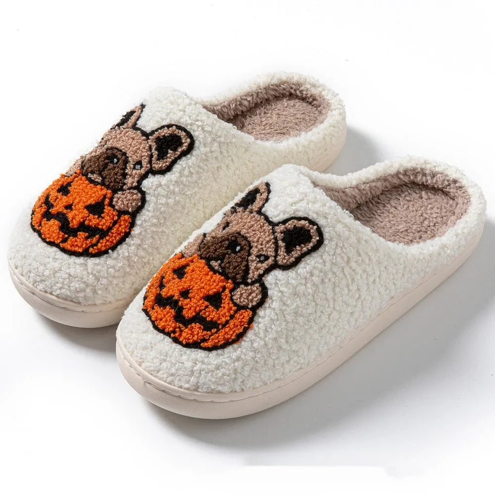 Halloween pumpkin pattern plush slippers with non-slip TPR rubber soles in black and white colours
