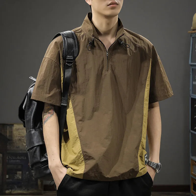 Brown men's half-zip stand collar casual shirt made from Ice Silk fabric, showing the front zip and short sleeves.