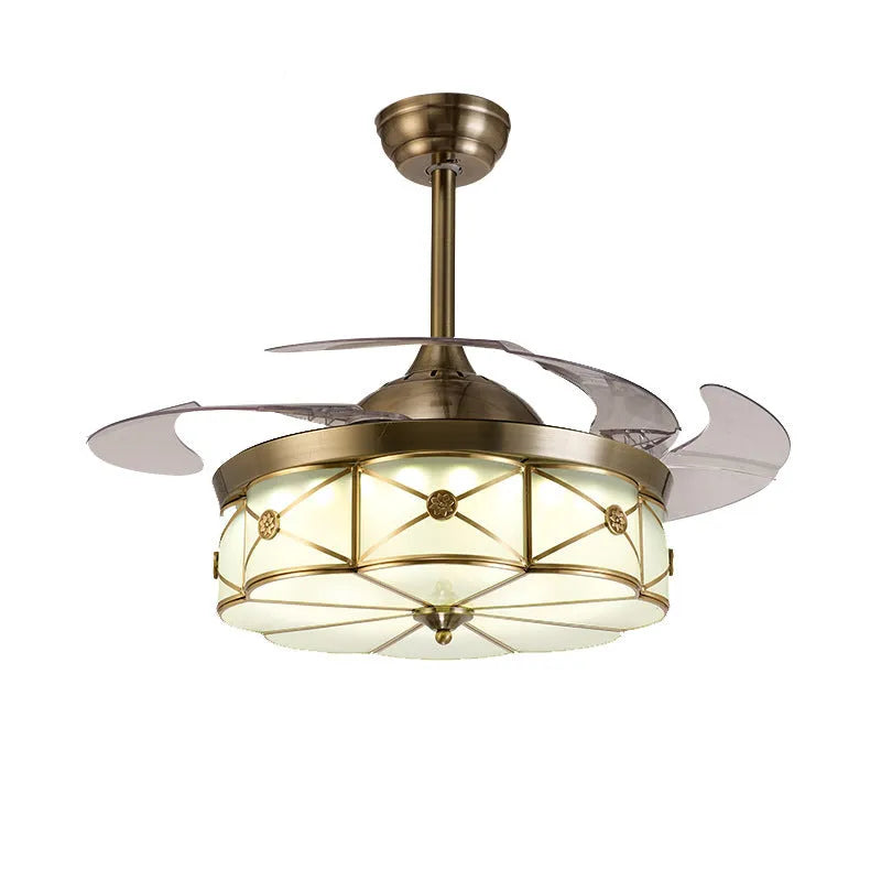 Gold 42-inch remote-controlled ceiling fan light with invisible blades and integrated LEDs