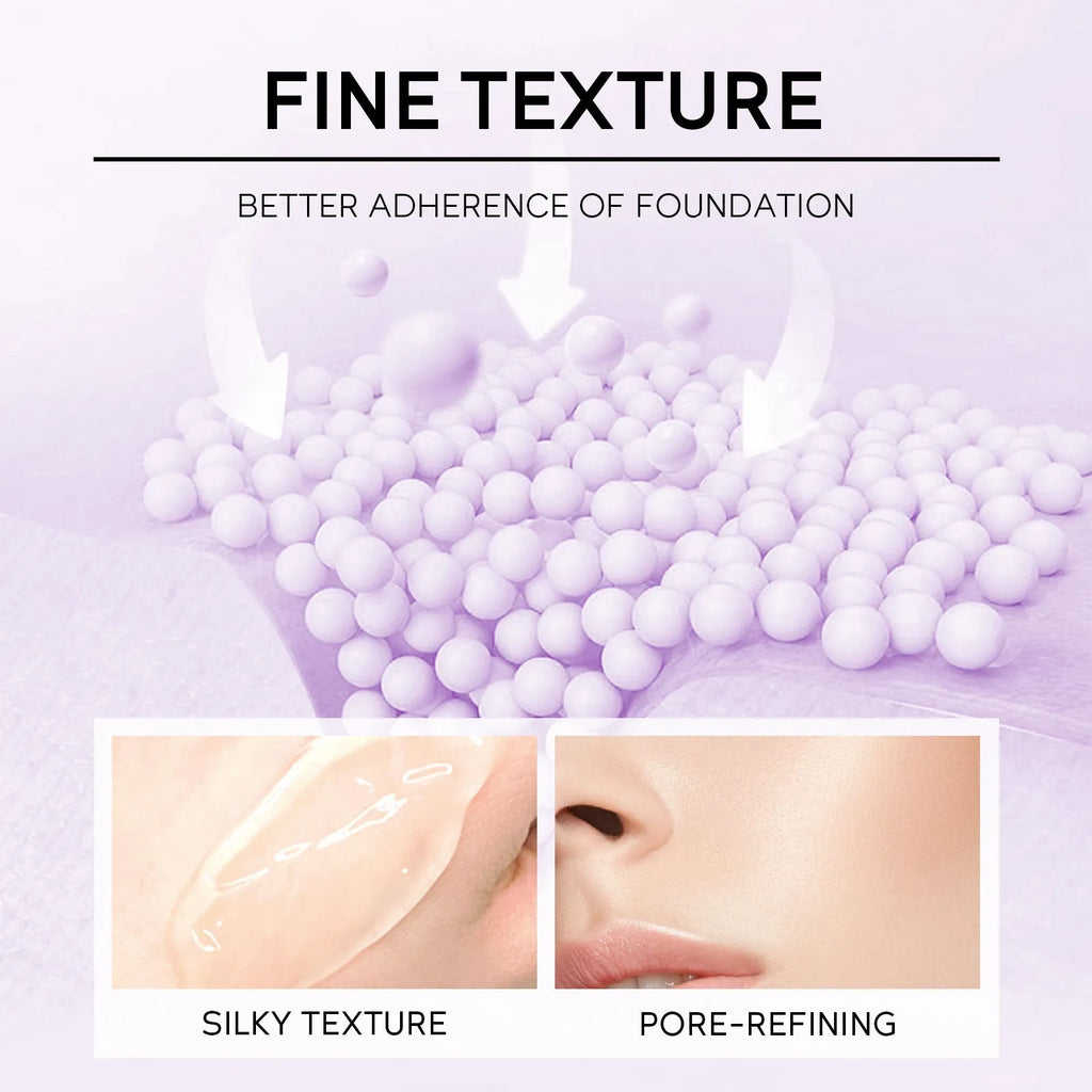 Colour-correcting moisturising makeup primer in 30g container with green, pink, and purple shade options