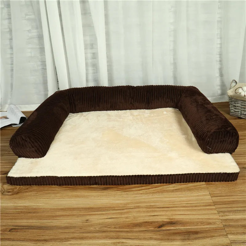Corduroy pet sofa dog bed with raised edges in coffee colour showing reversible bilateral design