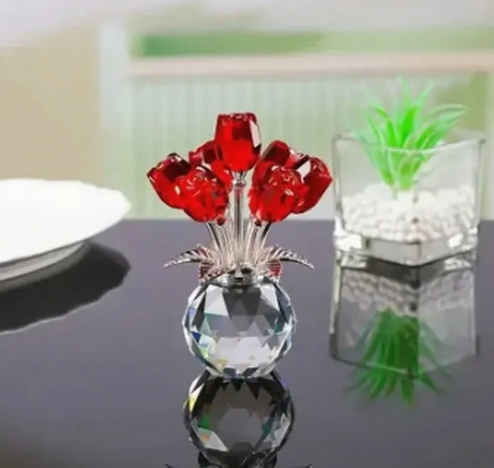 Handmade K9 crystal glass rose ornament in geometric Chinese style on a table.