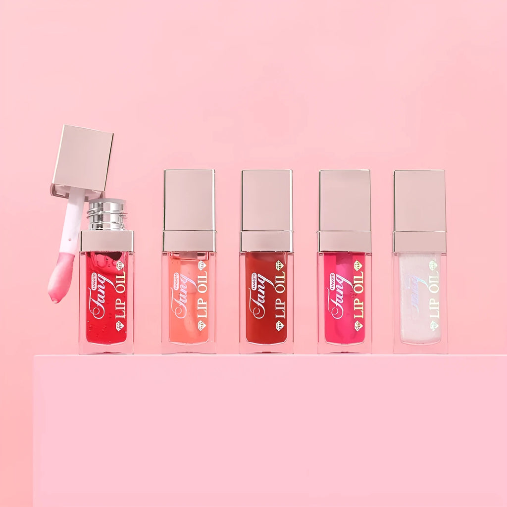 Set of five mint lipstick lip gloss tubes in shades 001, 006, 007, 012, and 015.