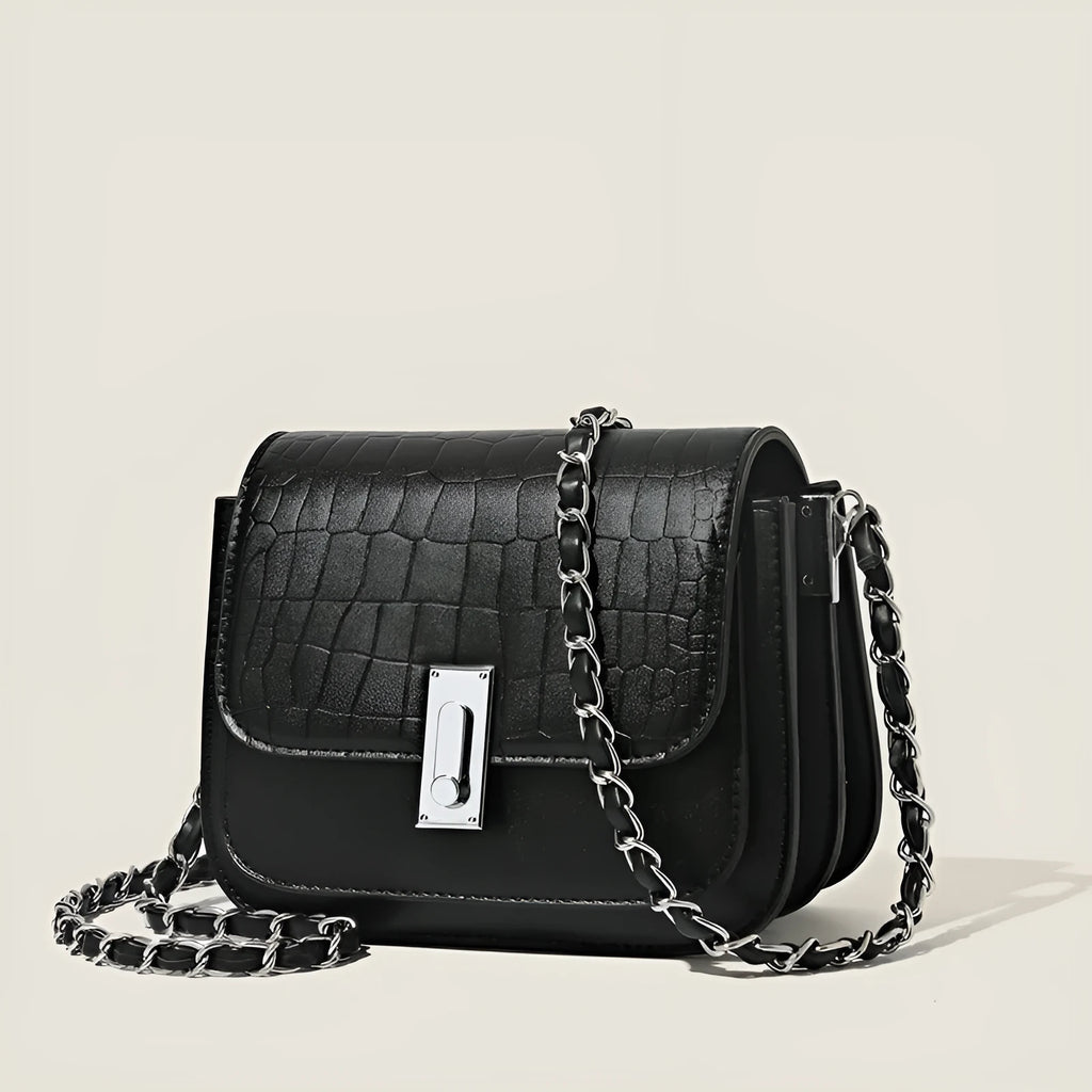 Soft black PU chain shoulder bag with sandwich pocket front and decorative sewing thread details