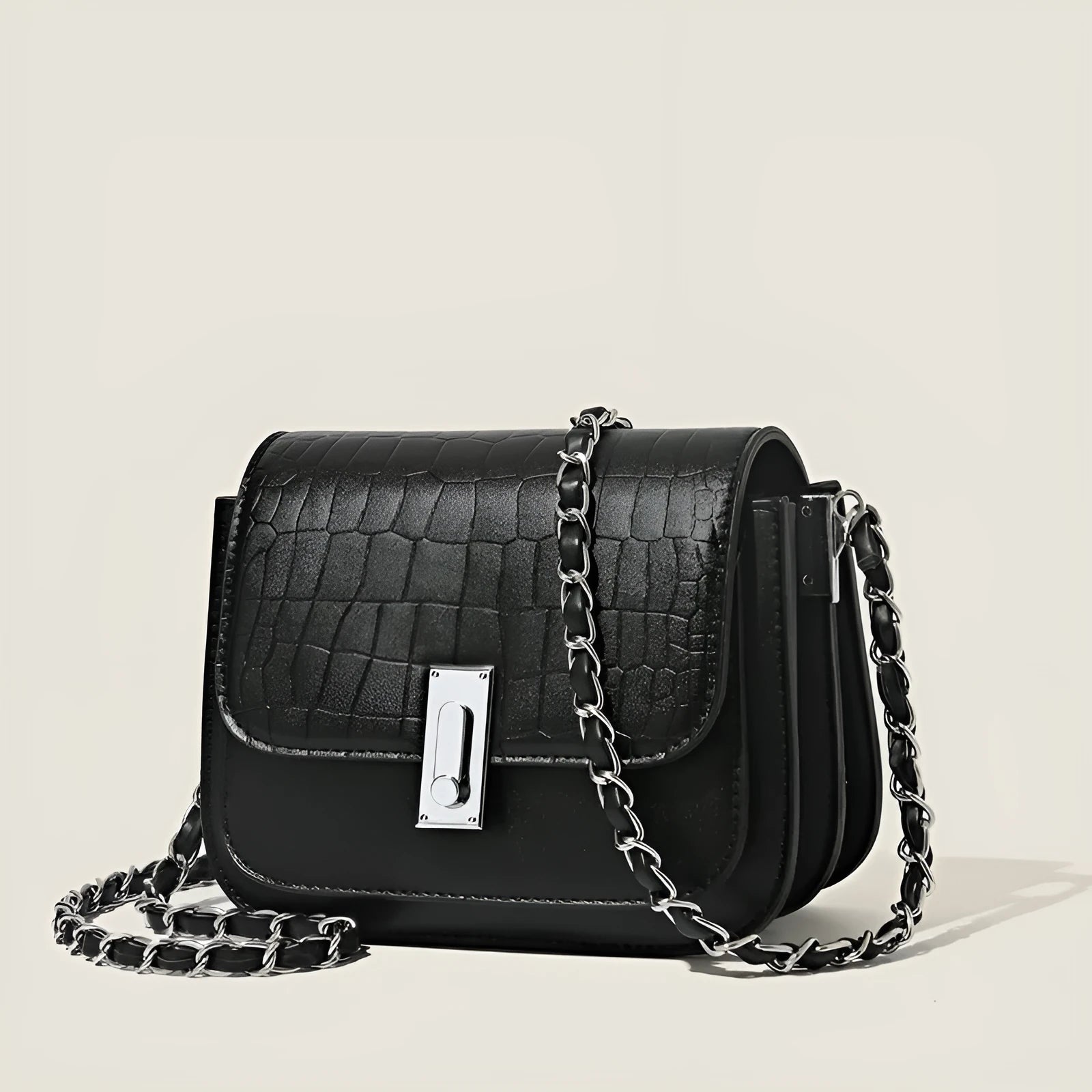 Soft black PU chain shoulder bag with sandwich pocket front and decorative sewing thread details