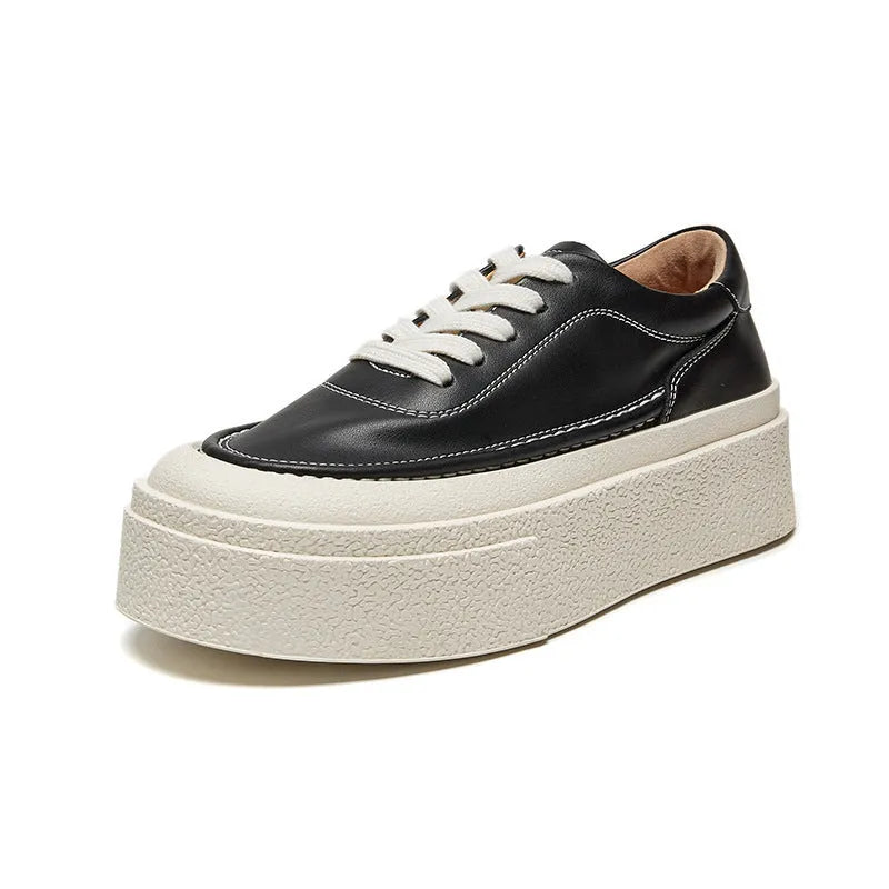 Women's black platform sports board shoes with embossed cowhide leather and rubber sole