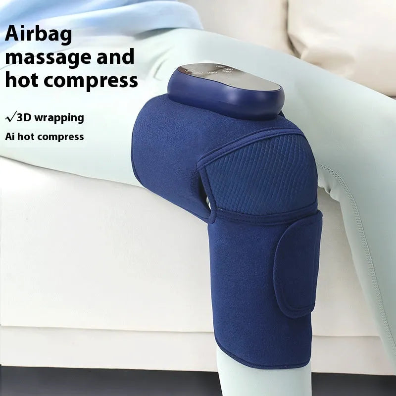 Airbag Blue self-heating knee massager showing adjustable straps for free-size fit
