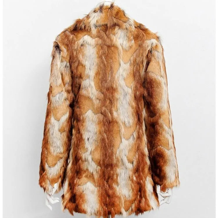Women's tiger print faux fur jacket in a medium-length street fashion style.