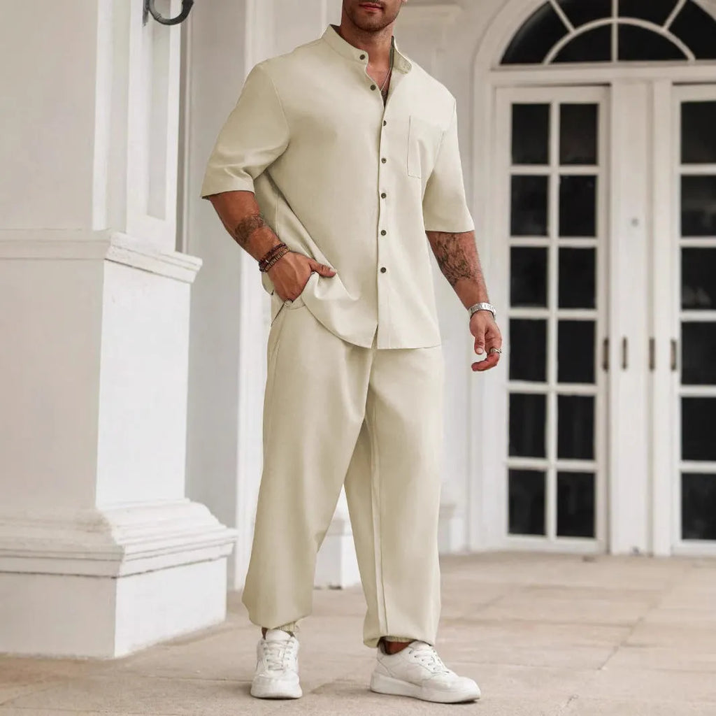 Men's casual cotton linen trousers set with short-sleeved shirt in three colour options