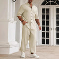 Men's casual cotton linen trousers set with short-sleeved shirt in three colour options
