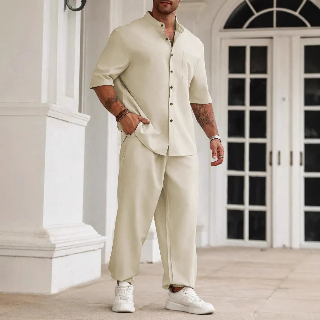 Men's casual cotton linen trousers set with short-sleeved shirt in three colour options