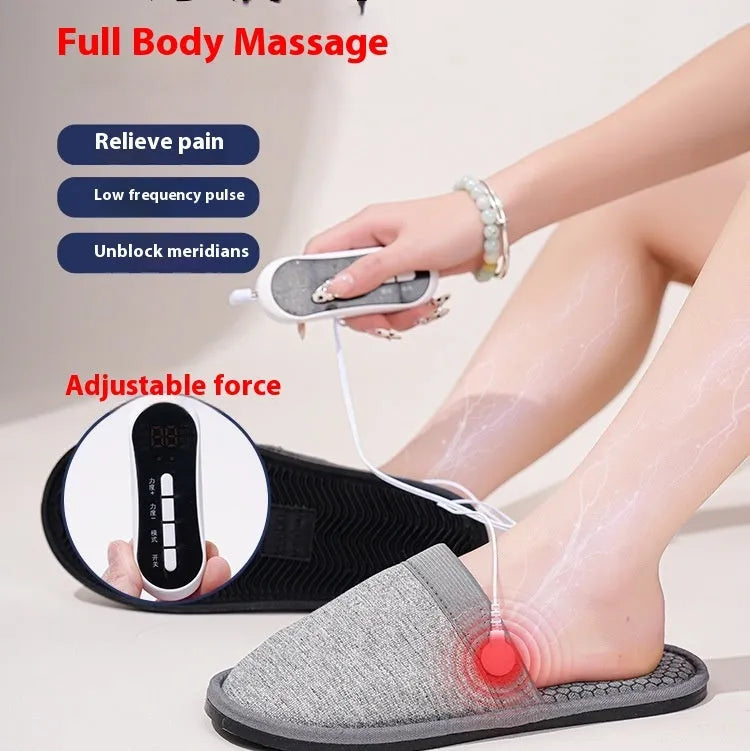 Gray micro current massage slippers with pulse electrode therapy, linen upper and non-slip sole