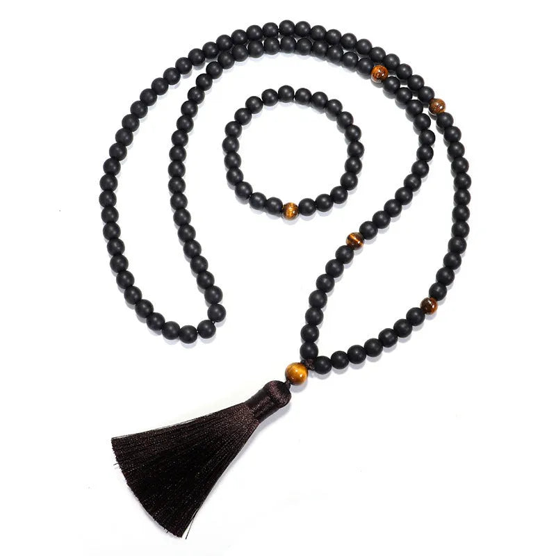 Beaded tigereye stone bracelet and necklace set with 108 beads and tassel pendant