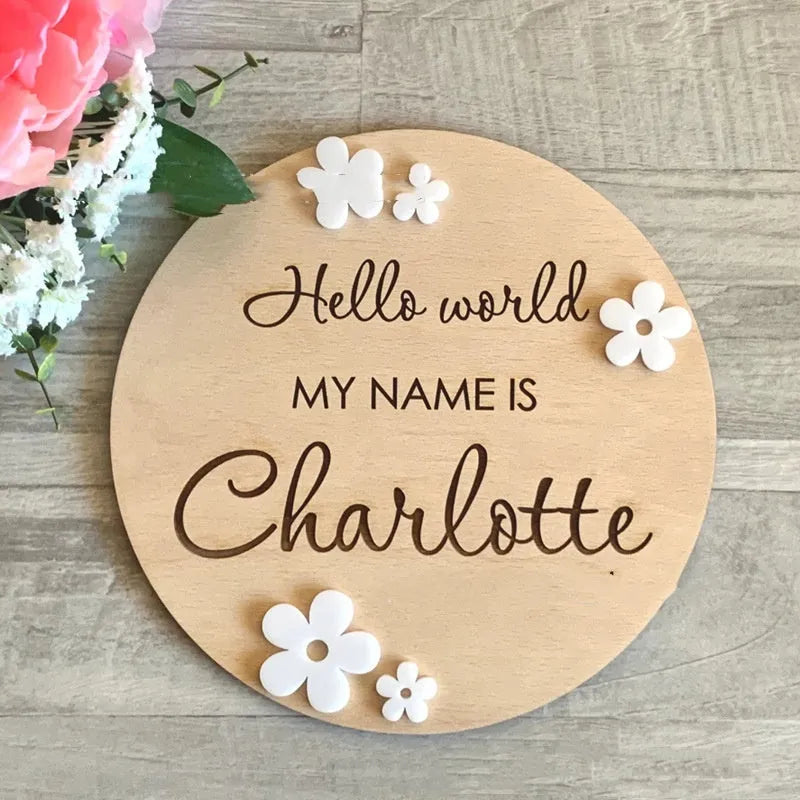 Square wooden baby name plaque with birth information display