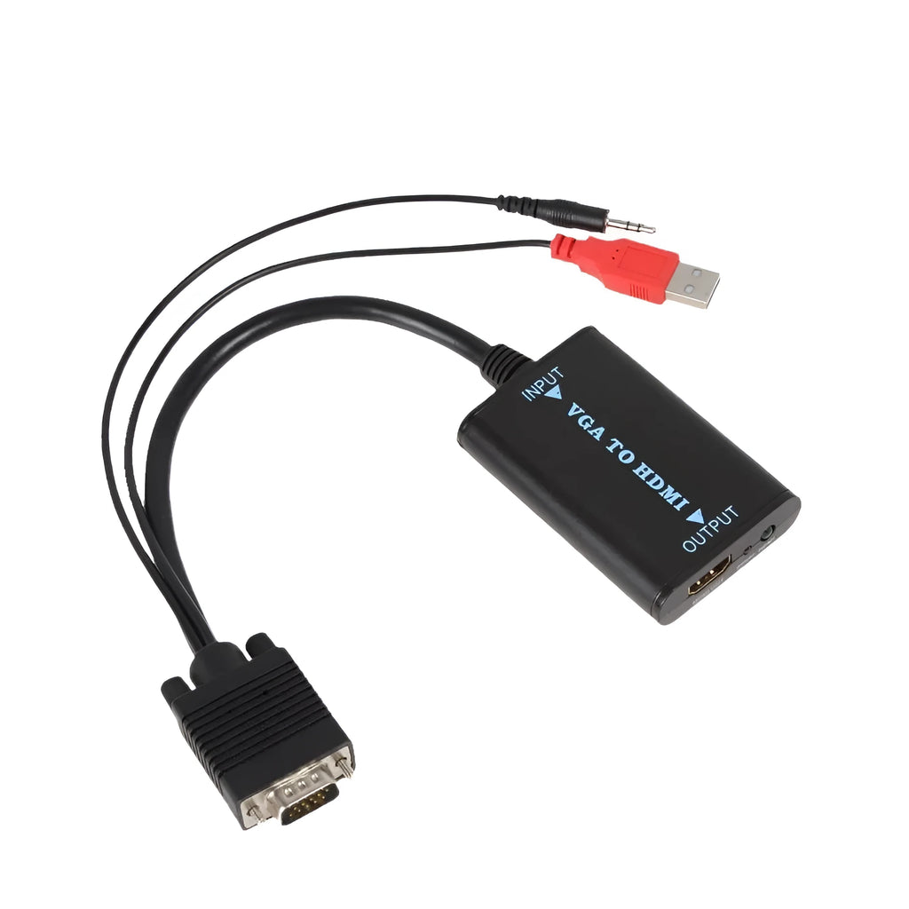 Black VGA to HDMI female converter with USB power cable for 1080p video and audio output.