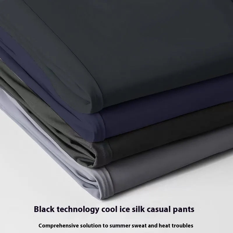 Men's loose straight leg Ice Silk trousers with elastic waistband in black colour