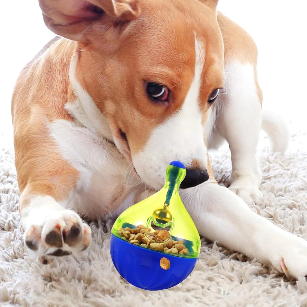 Blue and white tumbler-shaped interactive dog and cat treat dispenser puzzle toy
