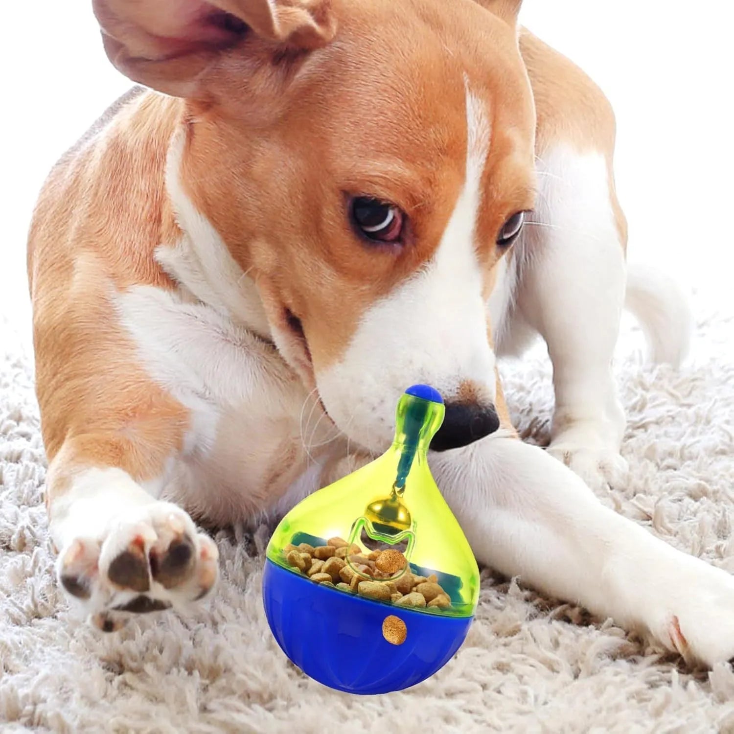 Blue and white tumbler-shaped interactive dog and cat treat dispenser puzzle toy