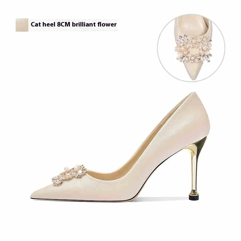 French wedding crystal bridal high heels with rhinestone details and pointed toe