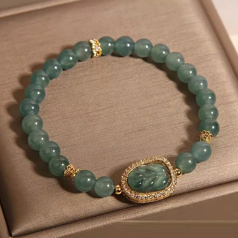 New Chinese style blue water jade bracelet with leaf pendant for women, light luxury design
